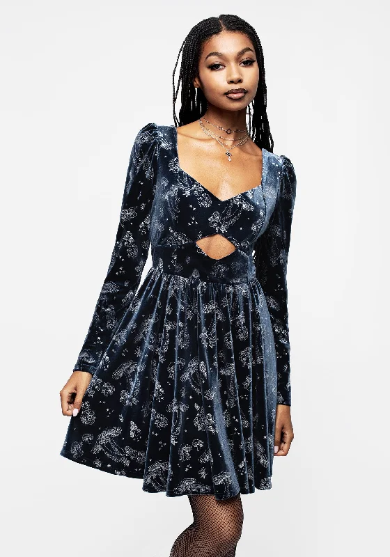 Women's Ruffled Neck Mini Dress-Faefire Foil Print Velour Cut Out Mini Dress