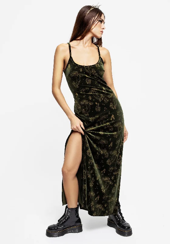 Classic Black Slip Dress for Formal -Silk Slip Dress with Thigh Slit -Faefire Foil Print Velour Maxi Slip Gown - Green
