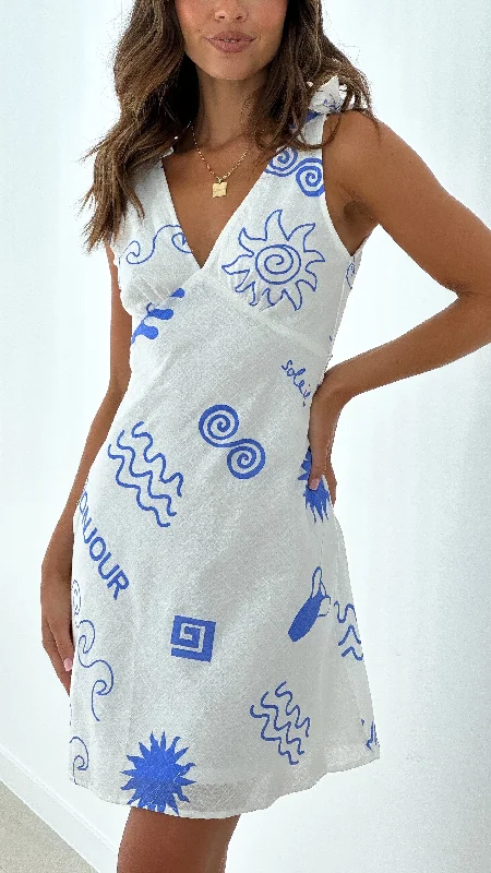 Women's Scalloped Mini Dress-Fakhiri Mini Dress - White / Blue Bonjour