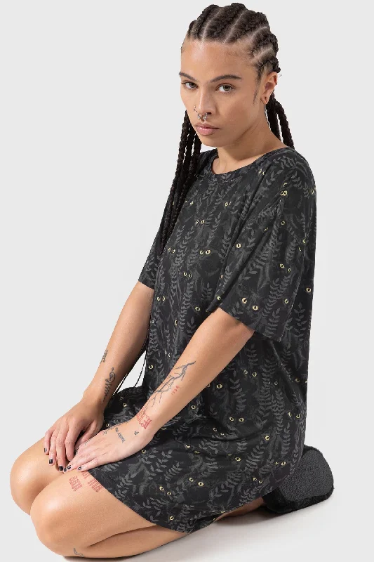 Denim Shirt Dress with Sleeves-Familiar Woods T-Shirt Dress