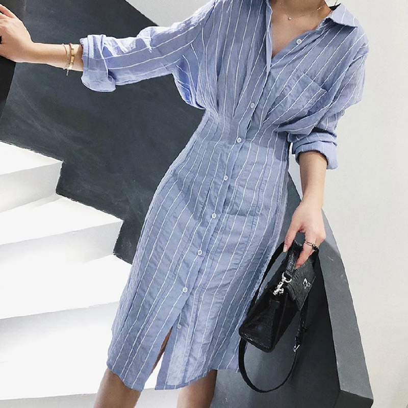 Shift Shirt Dress-Fashion Striped Midi Dress Women Casual Turn-Down Pockets Slim Shirt Dress Robe Femme Vintage Long Sleeve Simple Dress Vestidos