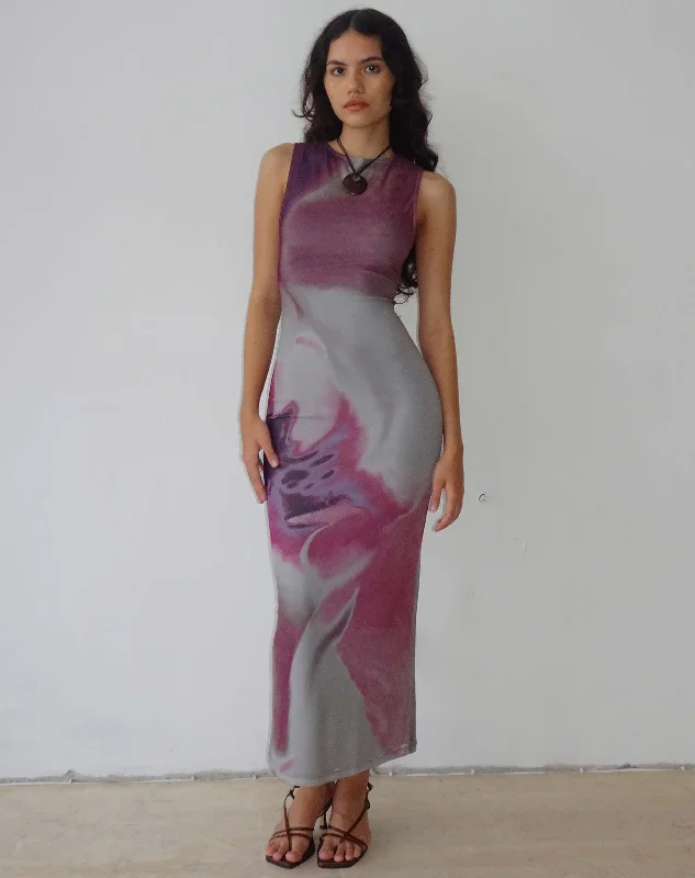 Women's Pleated Back Maxi Dress-Fayola Printed Maxi Dress in Pink Anatomy of Nature