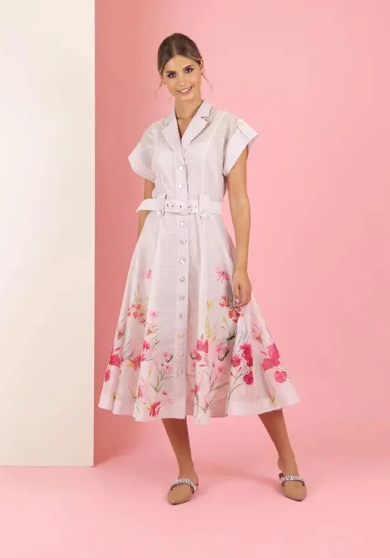 Women's Simple Shirt Dress-Fee G Amber Floral Print Midi Shirt Dress, Pale Pink