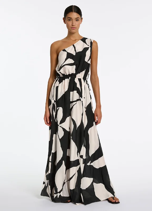 Women's Peplum Maxi Dress-Fiore One Shoulder Maxi Dress - Black