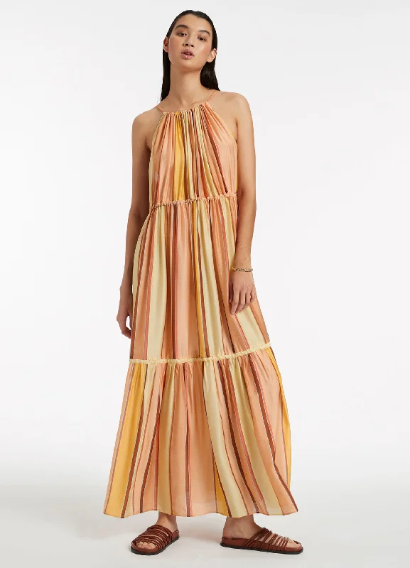 Women's Mesh Maxi Dress-Fira Stripe Maxi Dress - Marigold