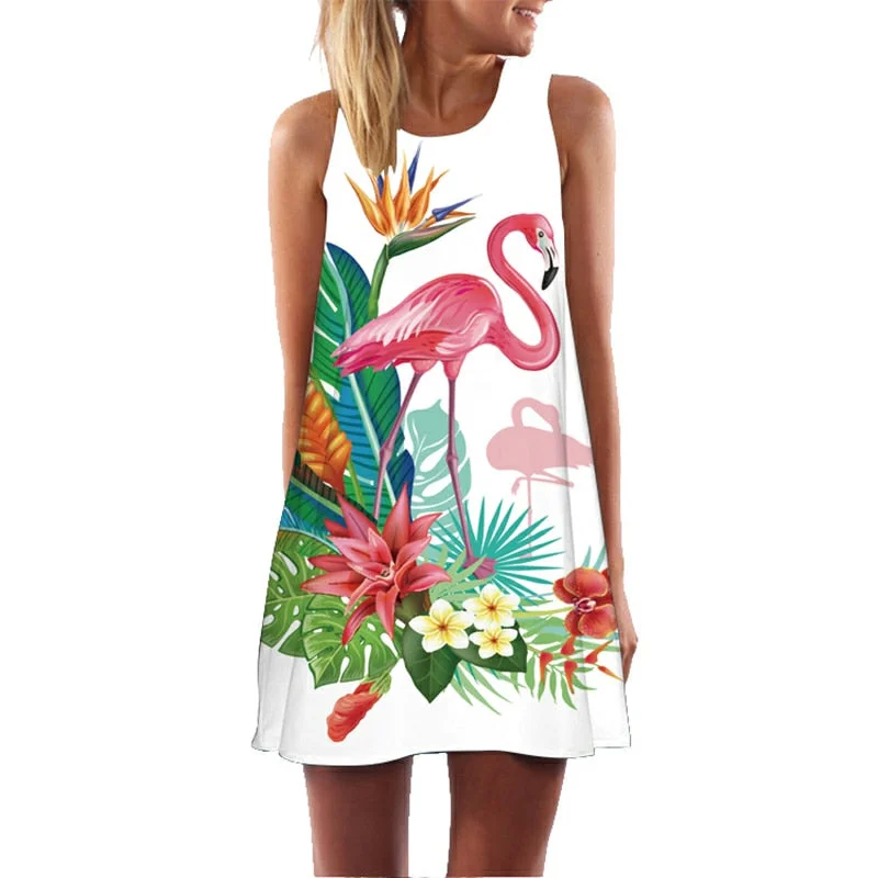 Bodycon Party Dress for Figure-Hugging Fit -Flamingo Floral Print A-Line Dress Women Sleeveless Beach Boho Summer Dresses Sexy Lady Party Short Shift Dresses Casual Vestido