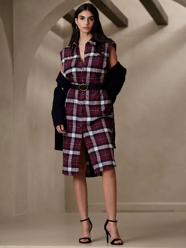 Casual Cotton Shirt Dress-Flannel Midi Shirtdress