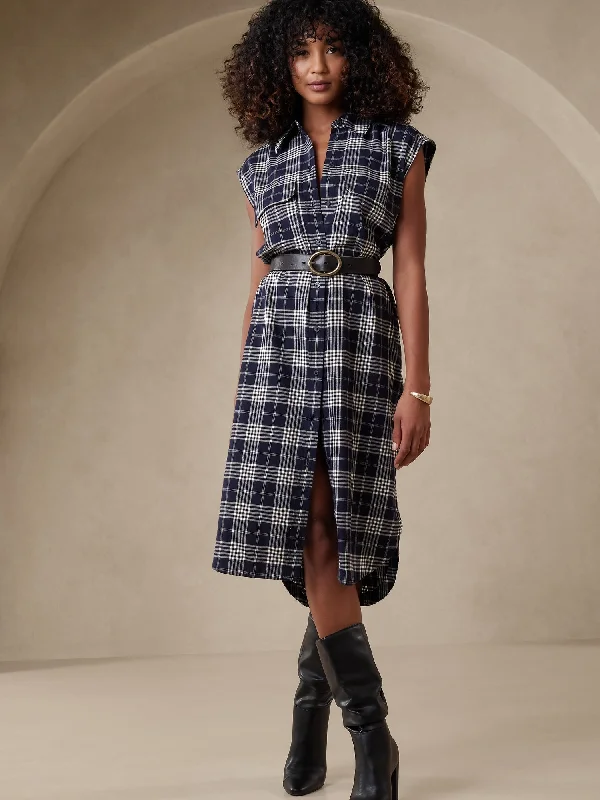 Wool Plaid Shirt Dress-Flannel Midi Shirtdress