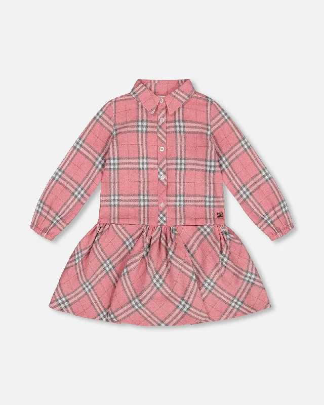 Office Shirt Dress-Flannel Shirt Dress With Frill Pink Plaid