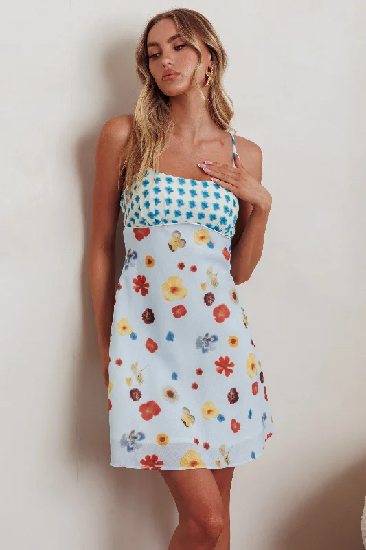 Women's Retro Print Mini Dress-Fleur Sun Cami Strap Mini Dress Flowers Blue