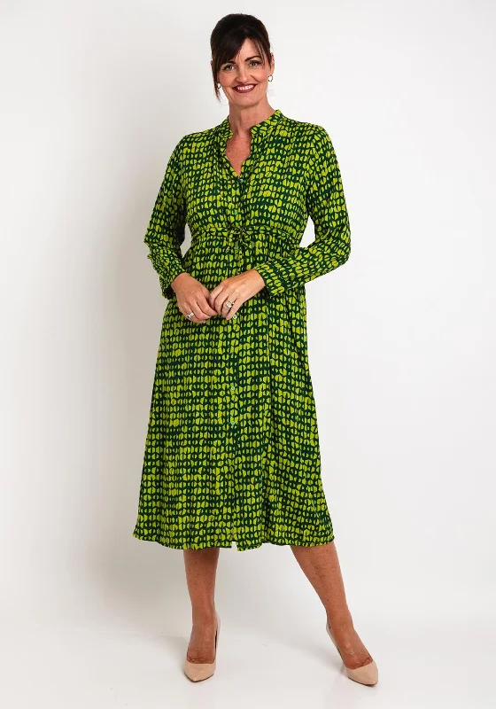 Sleeveless Button-down Shirt Dress-Natalia Collection Geometric Printed Midi Shirt Dress, Forest Green & Lime