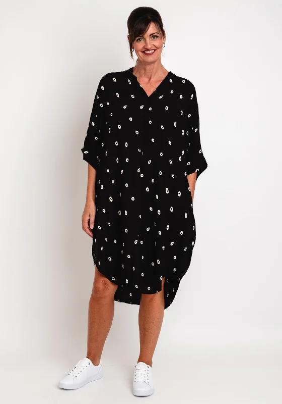 Office-ready Shirt Dress-Natalia Collection One Size Circle Printed Midi Shirt Dress, Black