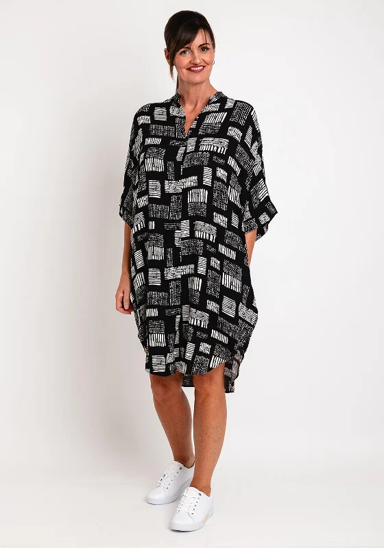 Long-sleeve Button-up Shirt Dress-Natalia Collection One Size Printed Midi Shirt Dress, Black