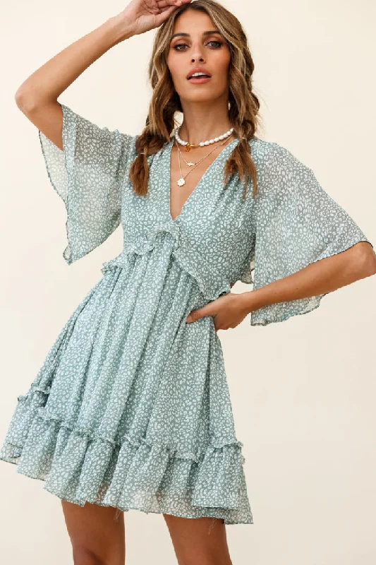 Doll Dress for Dolls 14-inch -Flissy Angel Sleeve Cut-Out Babydoll Dress Speckle Print Olive