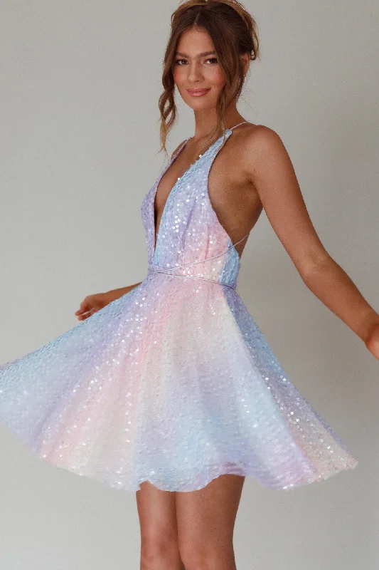 Women's Leather Mini Dress-Floating By Plunging Neckline Mini Dress Sequin Rainbow