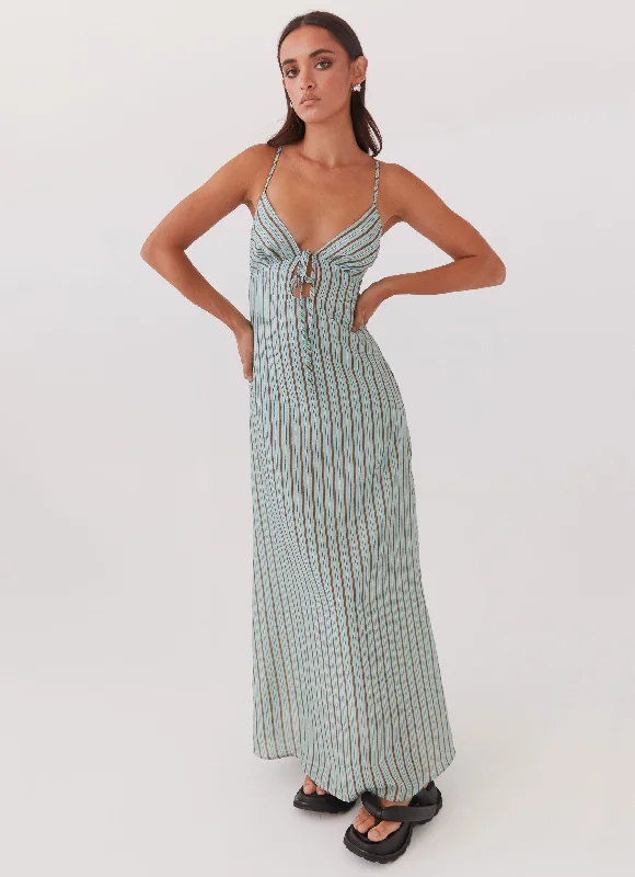 Women's Flower Print Maxi Dress-Flora Linen Maxi Dress - Coastal Stripe