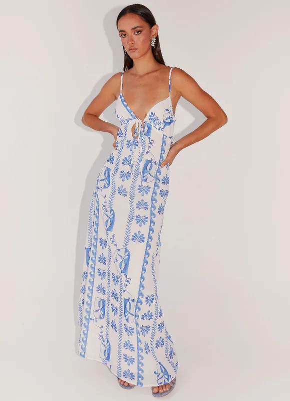 Women's Ruched Waist Maxi Dress-Flora Linen Maxi Dress - Floral Wave