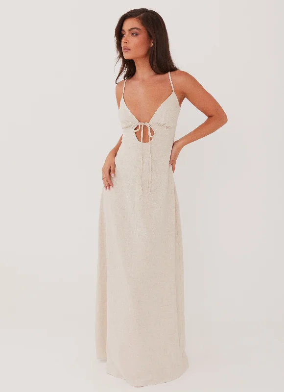 Women's Stretchy V-neck Maxi Dress-Flora Linen Maxi Dress - Oatmeal