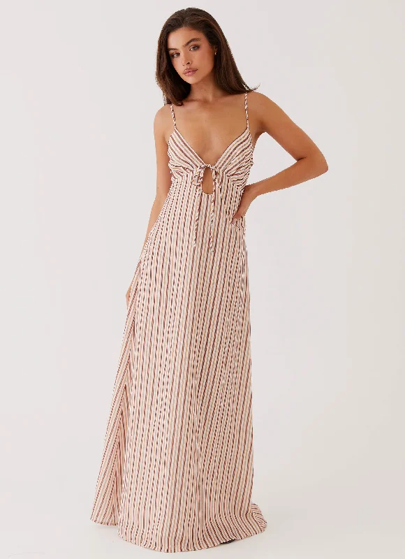Women's Ruched Sleeves Maxi Dress-Flora Linen Maxi Dress - Passionfruit Stripe
