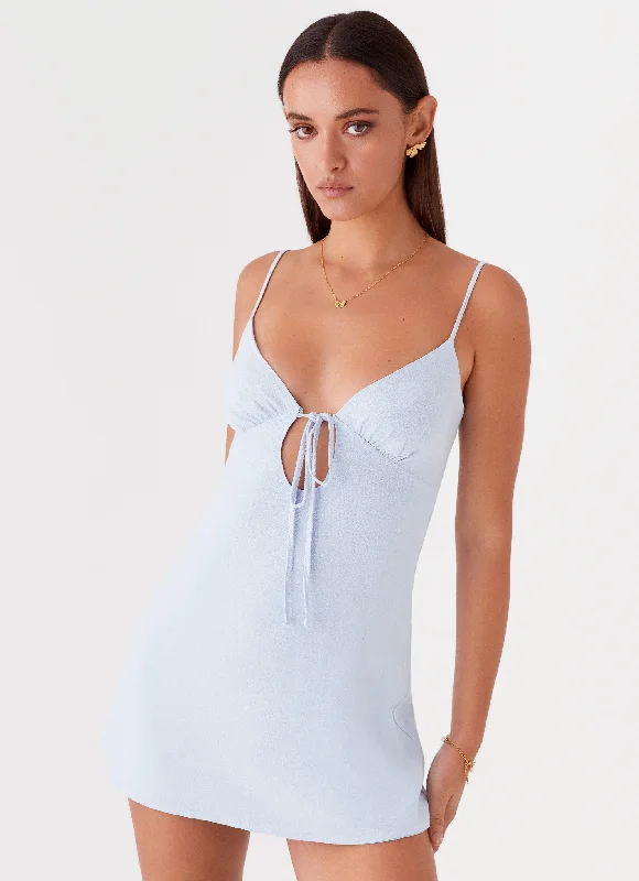 Women's Halter Neck Lace Mini Dress-Flora Linen Mini Dress - Baby Blue