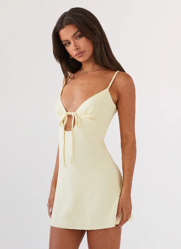 Women's Long Sleeve Mini Dress-Flora Linen Mini Dress - Lemon
