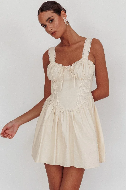 Women's Lace Overlay Mini Dress-Florabella Corset Bodice Bow Mini Dress Cream