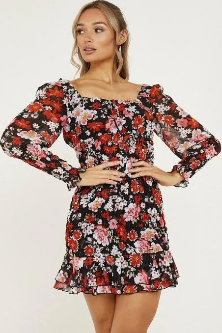 Bodycon Dress with Sequins and Lace -Floral Chiffon Bodycon Dress