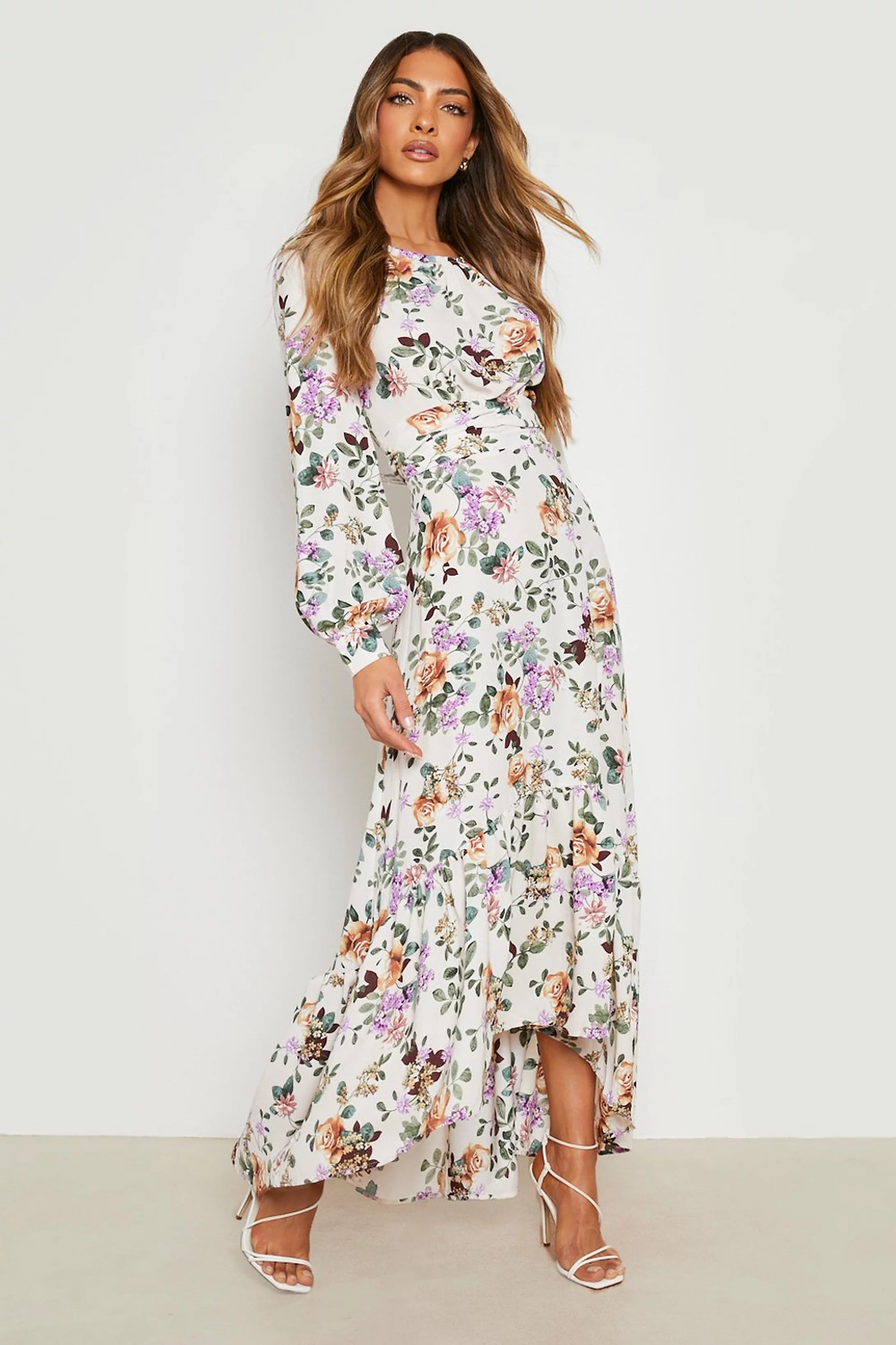 Women's V-neck Chiffon Maxi Dress-Floral Drop Hem Rouched Maxi Dress