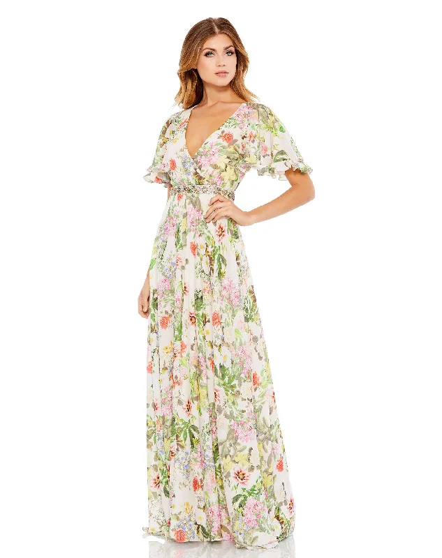 Black Wrap Dress for Cocktail Party -Wrap Dress with Draped Skirt -Floral Print Faux Wrap Flutter Sleeve A Line Gown Black Wrap Dress for Cocktail Party -Wrap Dress with Draped Skirt -Floral Print Faux Wrap Flutter Sleeve A Line Gown