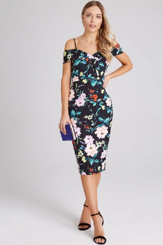 Bodycon Dress with Cap Sleeves -Floral Print Foldover Bardot Bodycon Midi Dress