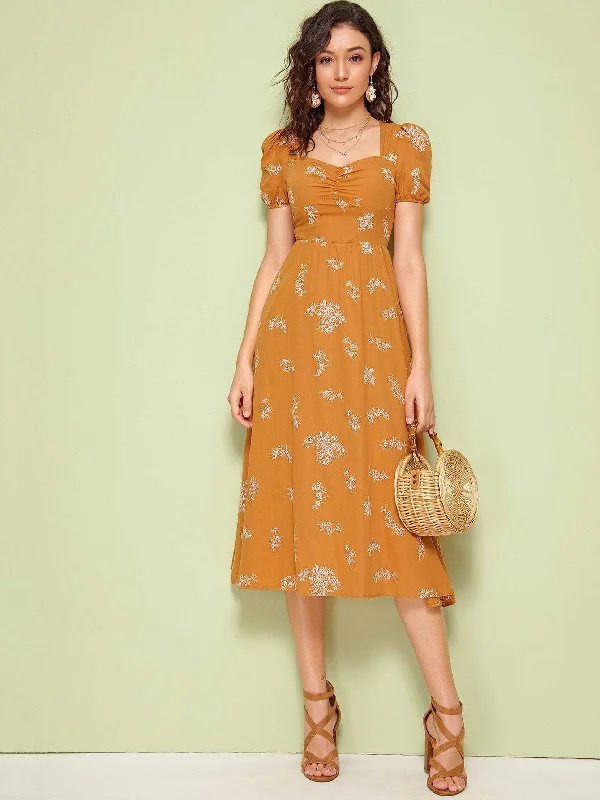 Bohemian Flare Dress -Floral Print Ruched Front Flare Dress