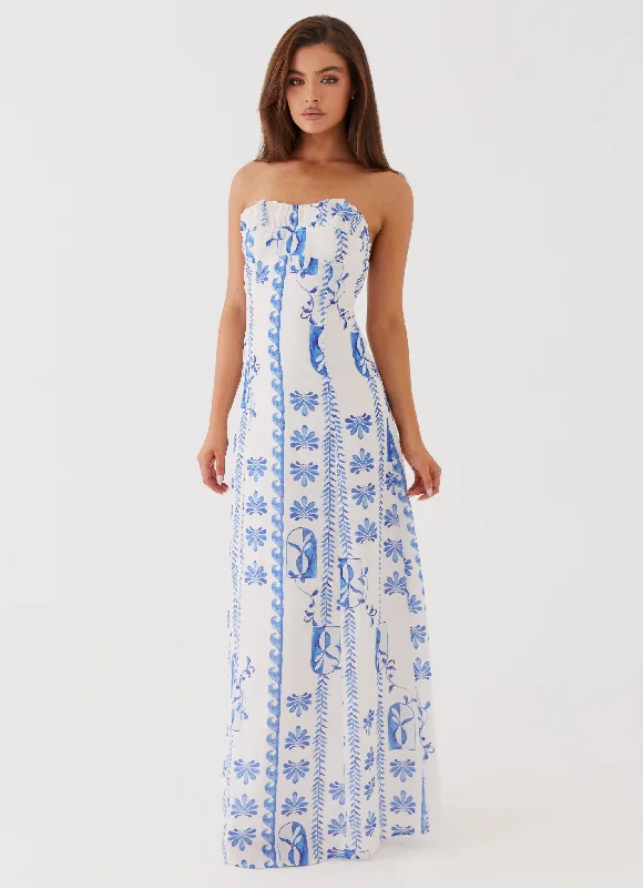 Women's Off-the-shoulder Boho Maxi Dress-Tayla Linen Maxi Dress - Floral Wave