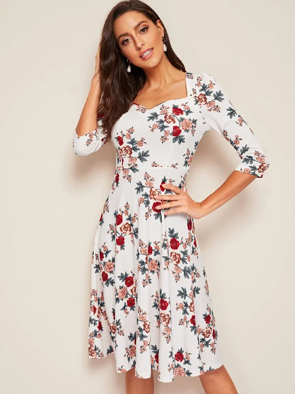 A-line Knit Flare Dress -Floral Sweetheart Neck Fit & Flare Dress