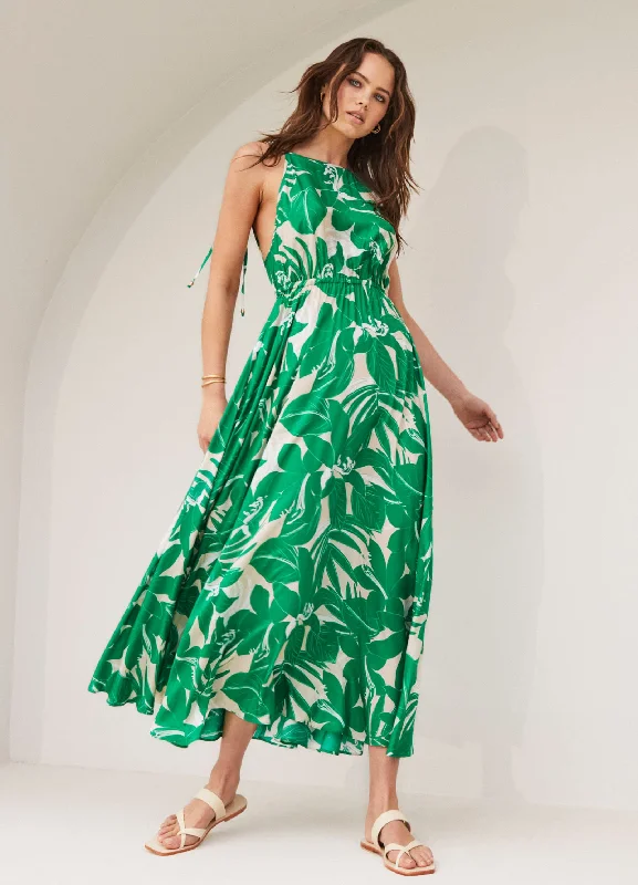 Women's Off-shoulder Ruffle Maxi Dress-Floreale Backless Maxi Dress - Green