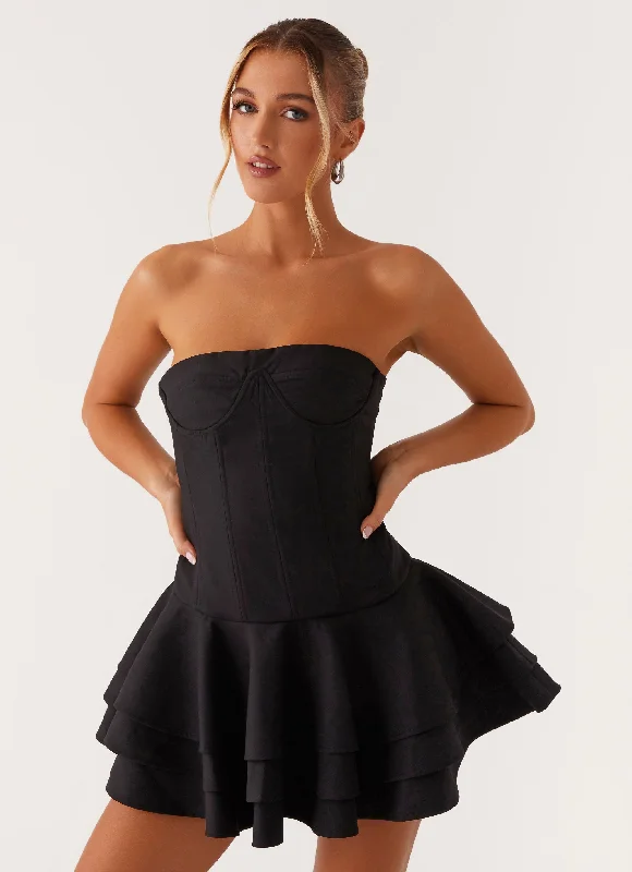 Women's Lace-up Detail Mini Dress-Floriana Ruffle Corset Mini Dress - Black