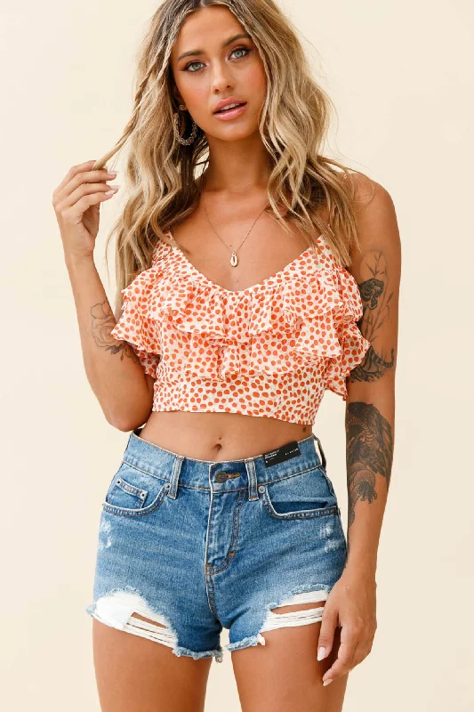 Women's Tie-Dye Top -Florida Keys Layered Ruffle Crop Top Printed Beige/Red
