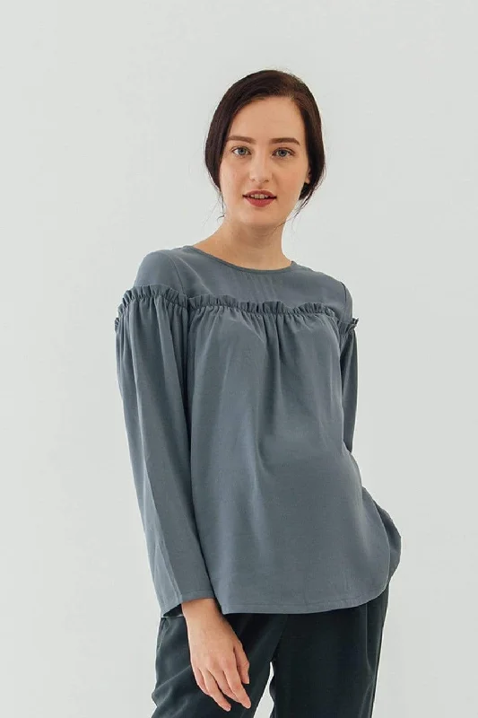 Women's Relaxed Long Sleeve T-shirt for School -Flounce Long Sleeves Cherice Top Charcoal Women's Relaxed Long Sleeve T-shirt for School -Flounce Long Sleeves Cherice Top Charcoal