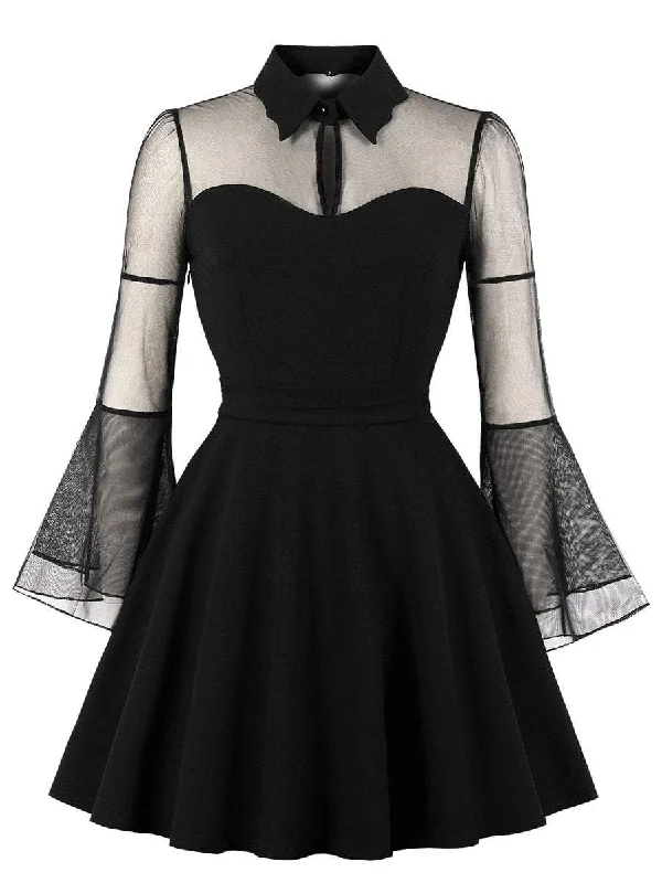 Women's Flare Dress -Flounce Sleeve Mesh Yoke Flare Dress
