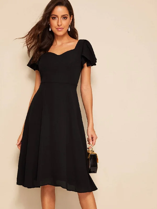 Plus Size Flare Dress -Flutter Sleeve Sweetheart Neck Fit &  Flare Dress