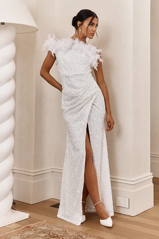 Women's Black Satin Maxi Dress-For Lovers Feather Trim Sequin Maxi Dress White