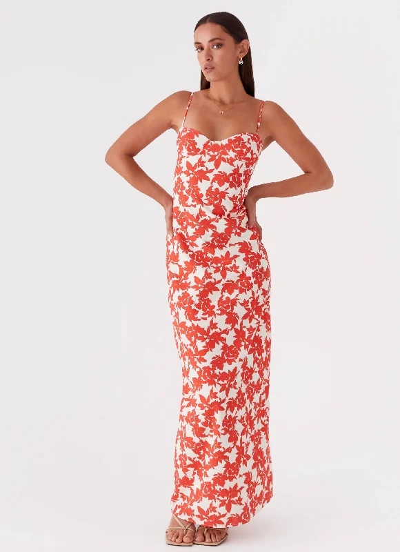 Women's Casual Summer Maxi Dress-Forbidden Floral Bustier Maxi Dress - Red Floral