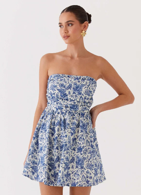 Women's Backless Mini Dress-Forget Me Not Linen Mini Dress - Blue Paisley