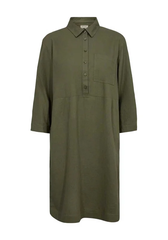 Cozy Shirt Dress-Freequent Laluna Linen Shirt Dress, Deep Lichen Green