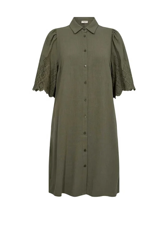 Plain Cotton Shirt Dress-Freequent Lara Lace Sleeve Mini Shirt Dress, Deep Lichen Green Plain Cotton Shirt Dress-Freequent Lara Lace Sleeve Mini Shirt Dress, Deep Lichen Green