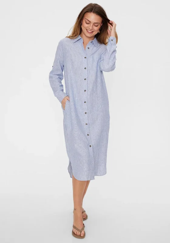 Shirt Dress with Lace Detail-Freequent Lava Striped Linen Midi Shirt Dress, Blue