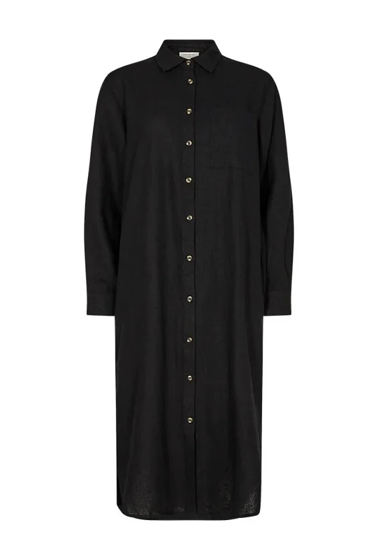 Casual Beach Shirt Dress-Freequent Lava Linen Midi Shirt Dress, Black