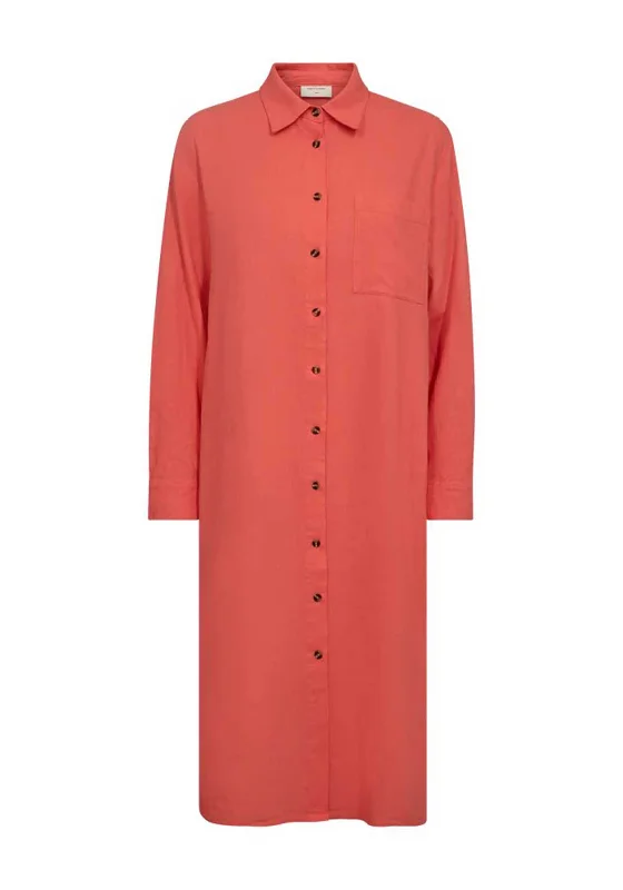 Summer Casual Plaid Shirt Dress-Freequent Lava Linen Midi Shirt Dress, Hot Coral