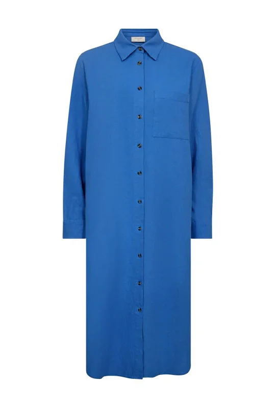 Loose-fit Linen Shirt Dress-Freequent Lava Linen Midi Shirt Dress, Nebulas Blue