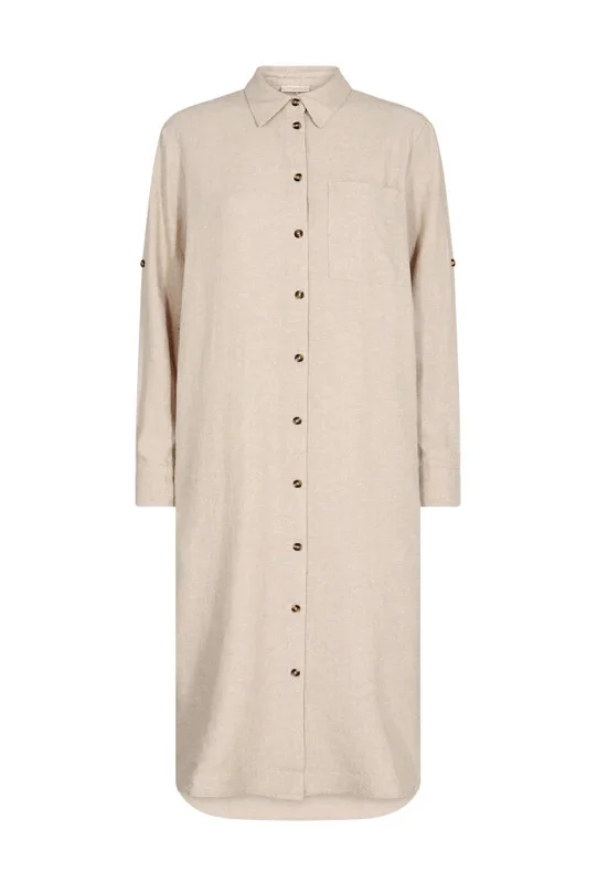 Women's Casual Summer Shirt Dress-Freequent Lava Linen Midi Shirt Dress, Sand Melange