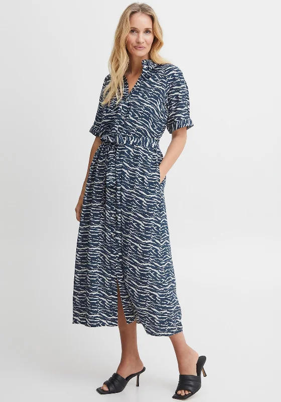 Women's Party Shirt Dress-Fransa Tiger Print Pattern Shirt Dress, Navy